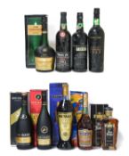 Remy Martin Cognac (two bottles), Martell Cognac (one bottle), Five Kings Brandy (one bottle),