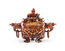 A late 19th century Chinese brown jade censer