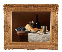 Roy Barley (British, b.1935) Still life of wine and cheese