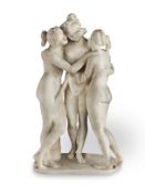 An early 20th century alabaster figural group of 'The Three Graces', retailed by Klein, Paris