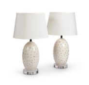A pair of Christopher Wray white ceramic and crystal inset table lamps