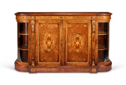 A fine Victorian burr walnut and sycamore marquetry bowfront credenza