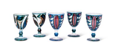 Five Aldermaston Studio Pottery goblets by Alan Caiger-Smith and Gail Dent