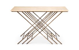 A contemporary antiqued metal and limestone console table