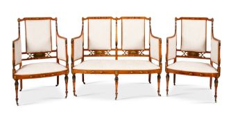 An Edwardian satinwood and polychrome painted salon suite
