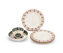 An 18th century English pearlware blue and white cup & saucer together with four Wedgwood Etruria pl