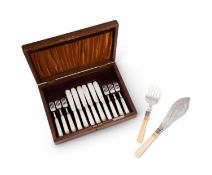 An oak cased set of six silver and mother of pearl handled fish knives and forks, and a pair of silv