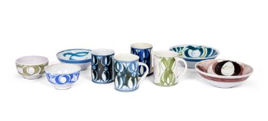 Four assorted Aldermaston Studio Pottery bowls and four mugs by various artist potters and another b