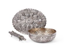 A Turkish white metal courting mirror, a Lebanese silver plated bowl and an Indian carving set