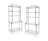 A pair of 1970's chrome and brass five-tier open shelves