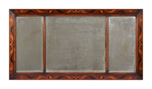 An English Arts and Crafts oak and sycamore and ebony marquetry landscape mirror