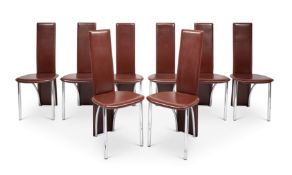 A set of eight contemporary Italian brown leather and chrome dining chairs by Frag