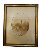 A framed watercolour and two framed engravings