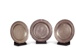 Three 18th century pewter chargers