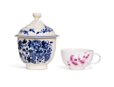 A first period Worcester blue and white sucrier with lid, together with a small 18th century Meissen