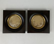 A pair of early 19th century French sepia watercolours and a pair of late 18th century engravings