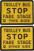 Enamel TROLLEY BUS STOP FLAG - Fare Stage, Q this side, Q other side. A double-sided sign believed