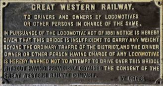 Great Western Railway (fully titled) cast-iron BRIDGE RESTRICTION NOTICE - 'To Drivers and Owners of