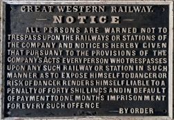 Great Western Railway (fully titled) pre-Grouping cast-iron TRESPASS NOTICE. Measures 30