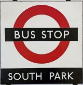 1950s/60s London Transport enamel BUS STOP SIGN 'South Park' from a 'Keston' wooden bus shelter in
