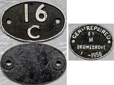 Pair of railway cast-iron PLATES comprising SHEDPLATE 16C from Kirkby to 1955, Mansfield 1955-60 and