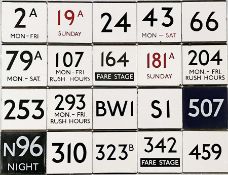 Large quantity (20) of London Transport bus stop enamel E-PLATES comprising routes 2A Mon-Fri, 19A