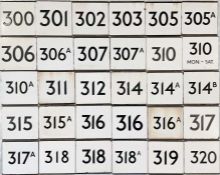 Large quantity (30) of London Transport bus stop enamel E-PLATES with route numbers from 300 to 320.