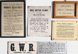 Selection (5) of small-size GWR NOTICES comprising 'Workmen's Season Tickets' (framed & glazed),