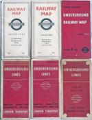 Selection (6) of 1930s/40s London Underground diagrammatic, card POCKET MAPS comprising Beck