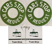Pair of double-sided Blackpool Corporation TRAM STOP FLAGS, one traditional, enamel, circular