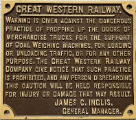 GWR cast-iron NOTICE 'Warning is given against the dangerous practice of propping up the doors...