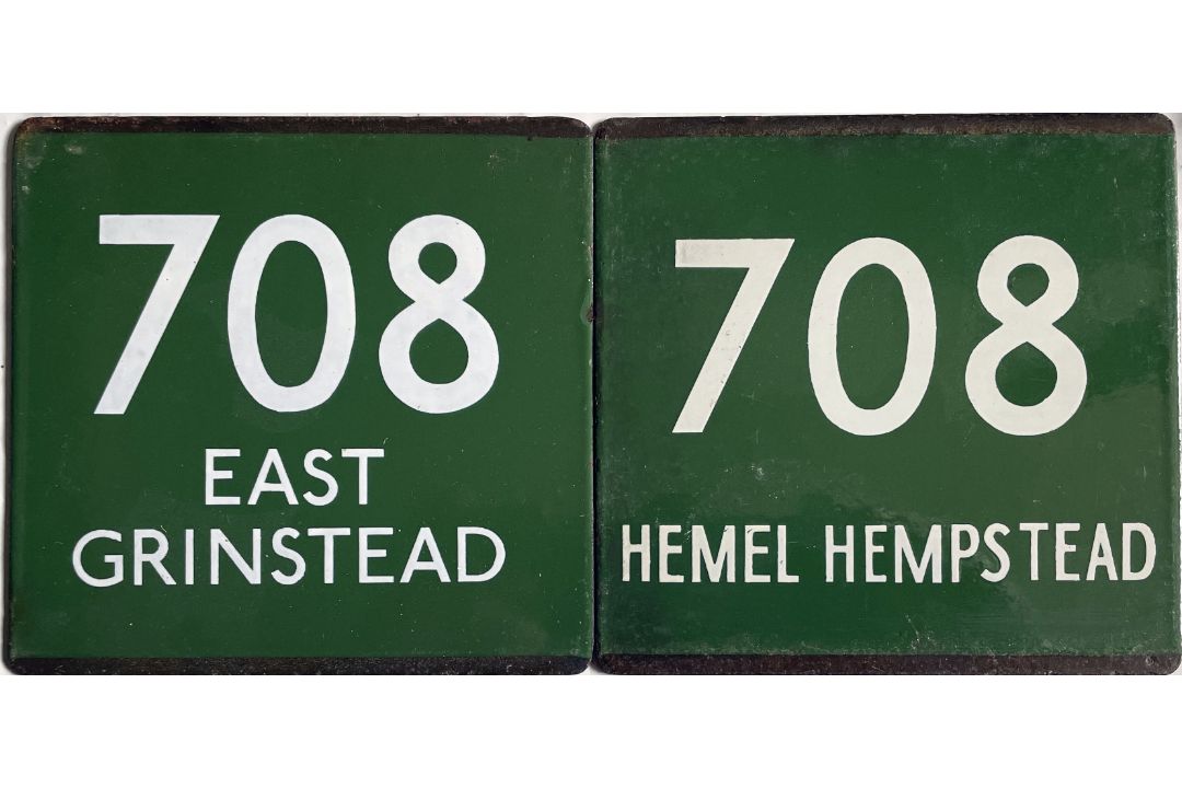 Pair of London Transport coach stop enamel E-PLATES for Green Line route 708, one for each