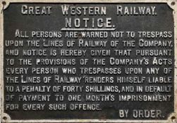 Great Western Railway post-Grouping cast-iron TRESPASS NOTICE. Measures 29