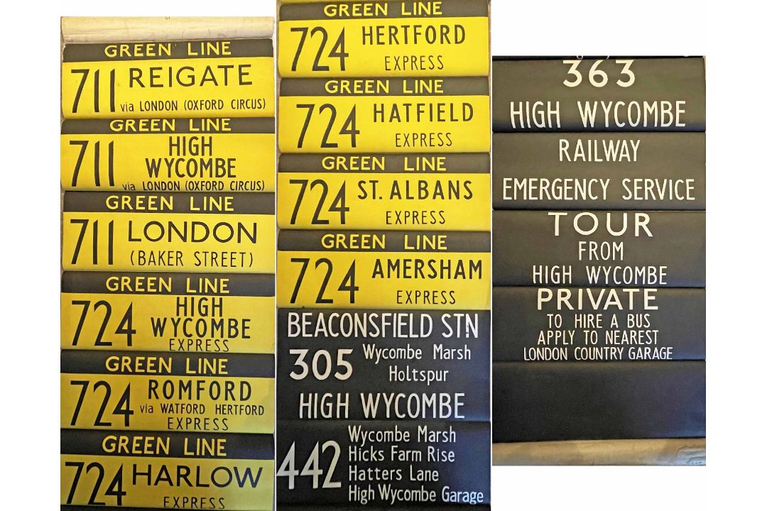 London Country (London Transport) DESTINATION BLIND for a Green Line RF coach at High Wycombe (HE)