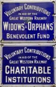Pair of GWR collection box ENAMEL PLATES, the first for the Widows' & Orphans' Benevolent Fund and