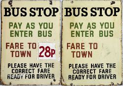 Blackpool Corporation enamel BUS STOP FLAG for 'Pay as you enter bus', also marked 'Fare to town'