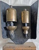 Pair of GWR brass LOCOMOTIVE WHISTLES with original mounting bracket, shield and pipework elbows.