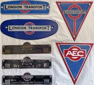 Selection (7) of London Transport bus enamel RADIATOR BADGES and alloy BODYBUILDERS' PLATES