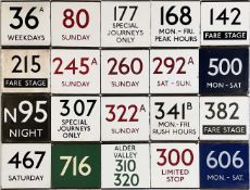 Large quantity (20) of London Transport bus stop enamel E-PLATES from across the network and