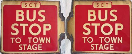 Southport Corporation enamel BUS STOP FLAG marked 'To Town' and 'Stage'. A double-sided sign