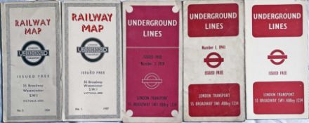 Selection (5) of 1930s London Underground diagrammatic card POCKET MAPS comprising No 2 1934 (