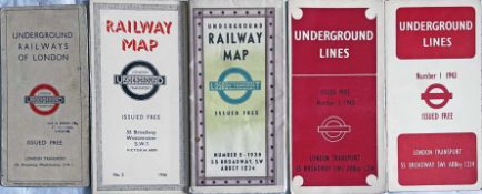 Selection (5) of 1930s London Underground diagrammatic card (bar one) POCKET MAPS comprising 1933