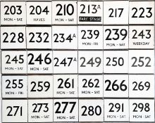 Large quantity (30) of London Transport bus stop enamel E-PLATES with Central Area route numbers