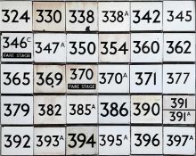 Large quantity (30) of London Transport bus stop enamel E-PLATES with Country Area route numbers