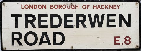 London Borough of Hackney STREET SIGN for Trederwen Road, a residential street off London Fields. An