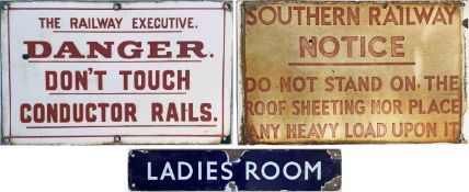 Selection (3) of railway ENAMEL SIGNS comprising BR(S) 'The Railway Executive. Danger, don't touch