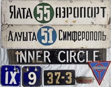 Selection (8 items) of misc PLATES & BADGES including 2 Russian (?) bus/tram/trolleybus route plates