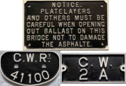 Trio of GWR cast-iron SIGNS/PLATES comprising a Platelayers' Notice (16