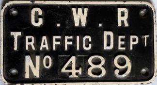 GWR cast-iron CRANE PLATE 'GWR Traffic Dept No 489'. Measures 10.5