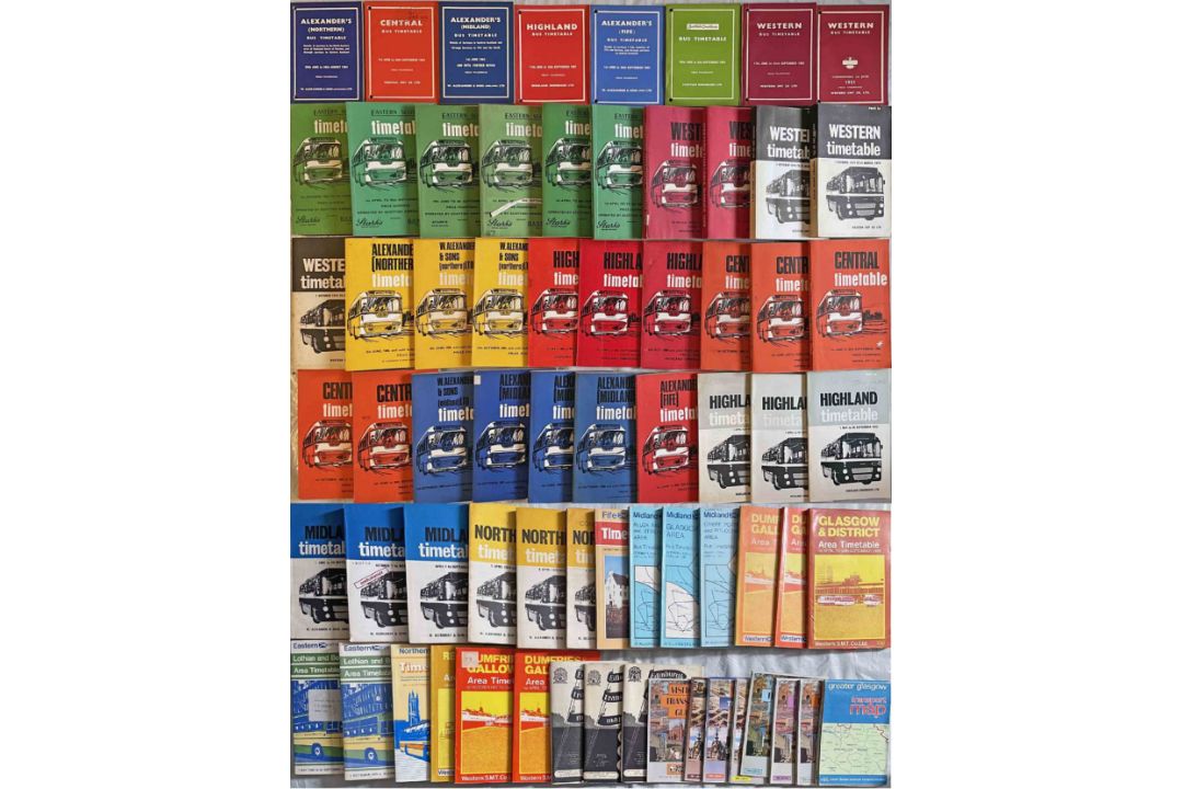 Large quantity (68) of mainly 1960s-70s Scottish bus TIMETABLE BOOKLETS (57) and MAPS (11). Some